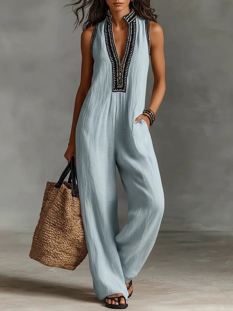 Tuta Boho Lino Scollo V — Leggera e Raffinata